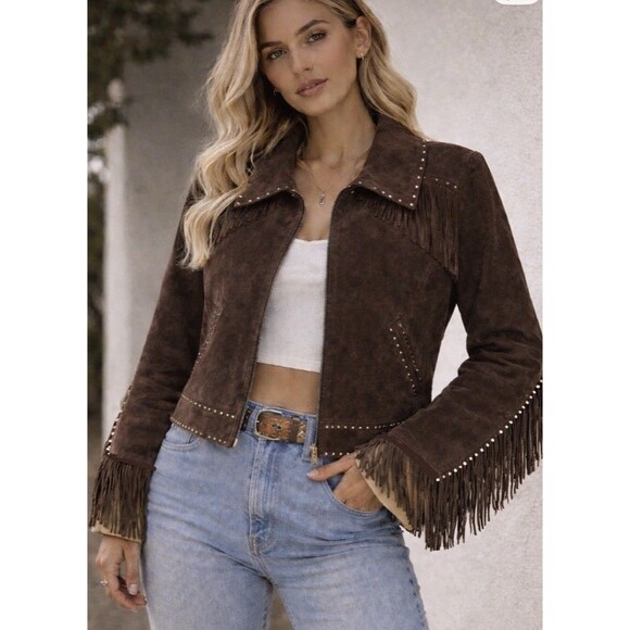 Saguaro Jackets & Blazers - Saguaro Leather Suede Fringe Jacket Studded Cross Western Biker Brown Y2K Sz L